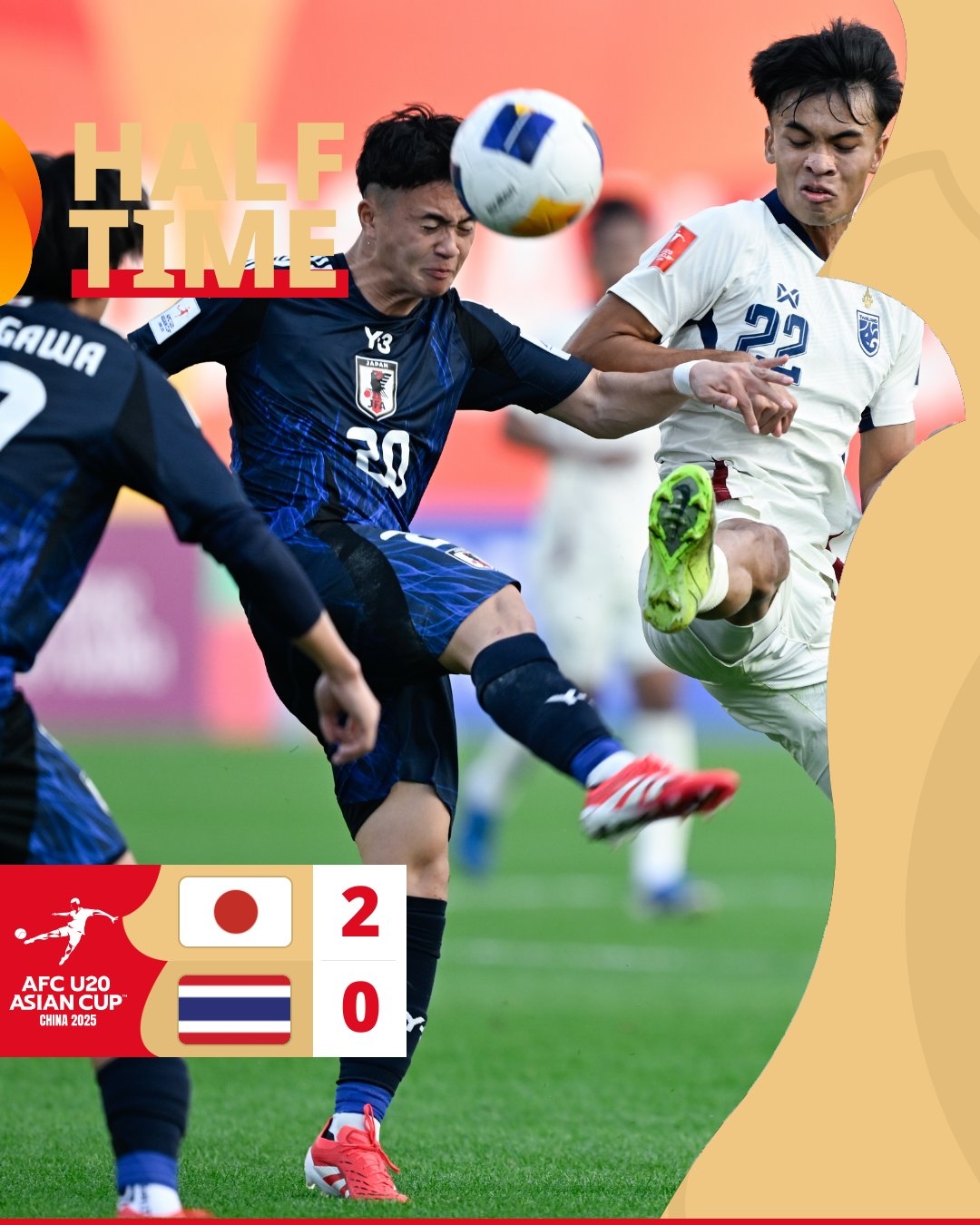  半場-日本U20 2-0領先泰國U20，石井久繼破門+中柱 泰國0射正