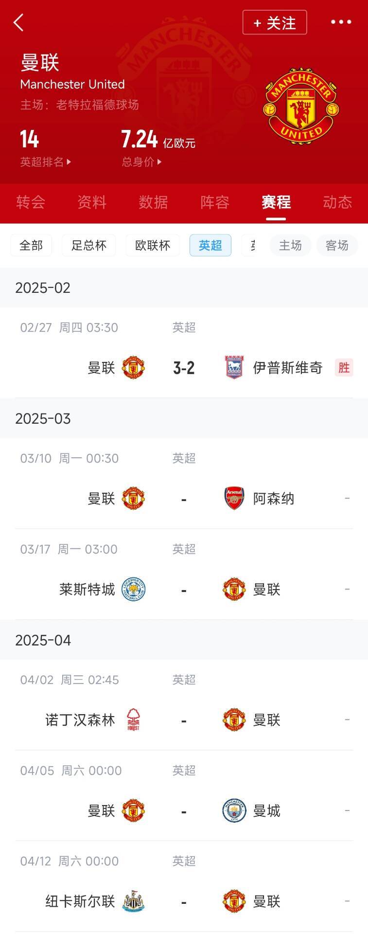  藍狐救一下？曼聯(lián)未來5輪將遭遇英超2/3/4/6名：槍手森林曼城紐卡