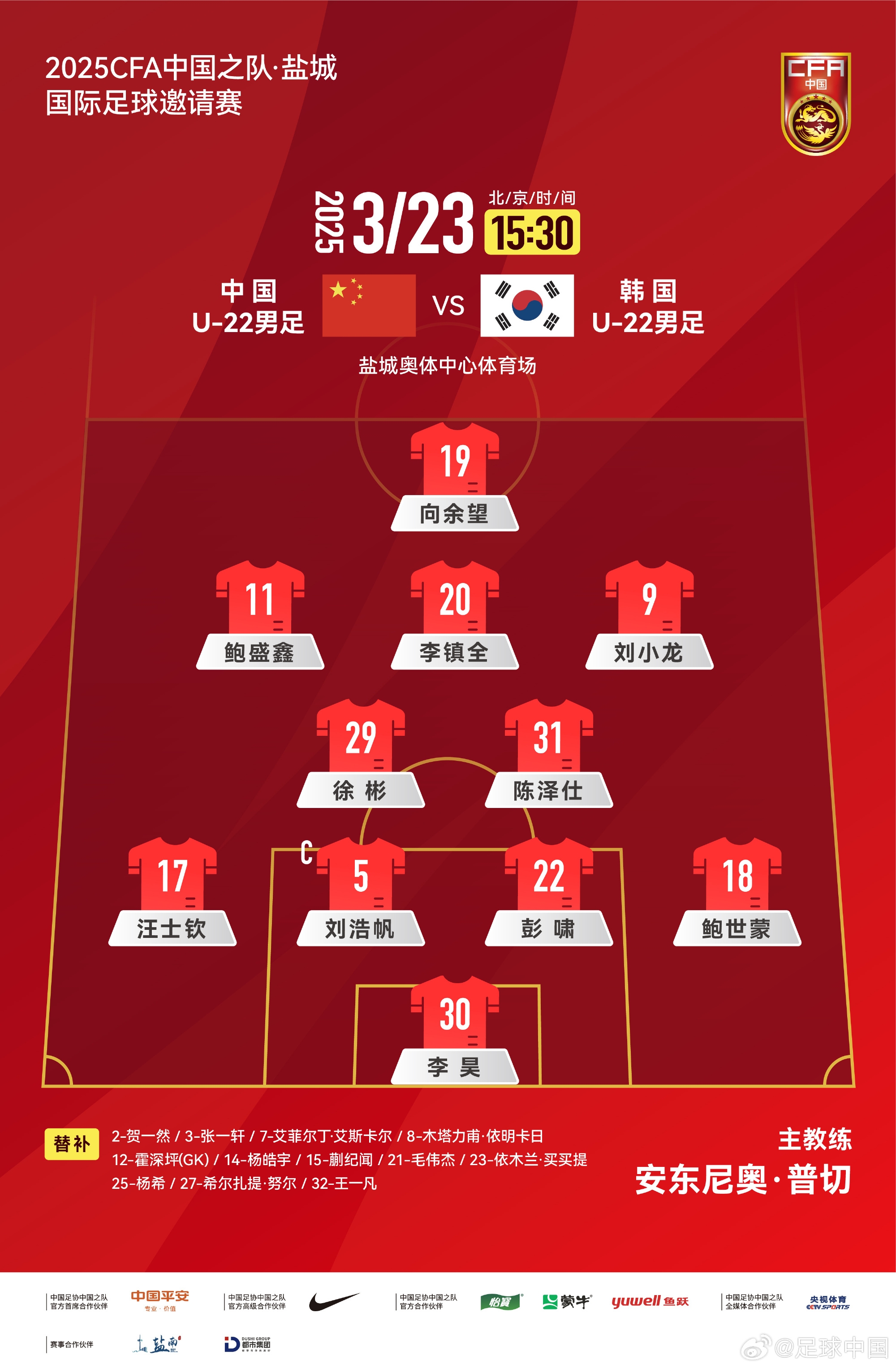  鹽城四國(guó)賽，中國(guó)U-22男足對(duì)陣韓國(guó)U-22男足，中國(guó)隊(duì)首發(fā)陣容